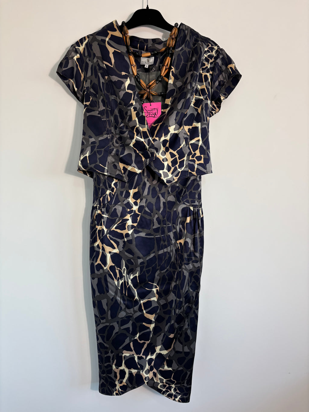 Michel Ambers 100% Silk Dress & Bolero Set Size 8 – Navy/Tan – BNWT RRP £525