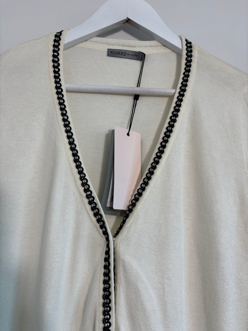 Soaked in Luxury Cream Long Cardigan Black Trim Pockets Size S BNWT