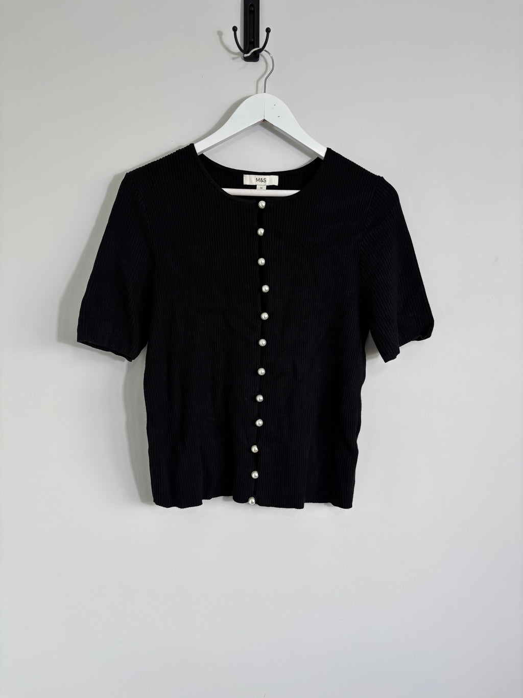 M&S Black Ribbed Knit Short Sleeve Cardigan Pearl Button Size Medium