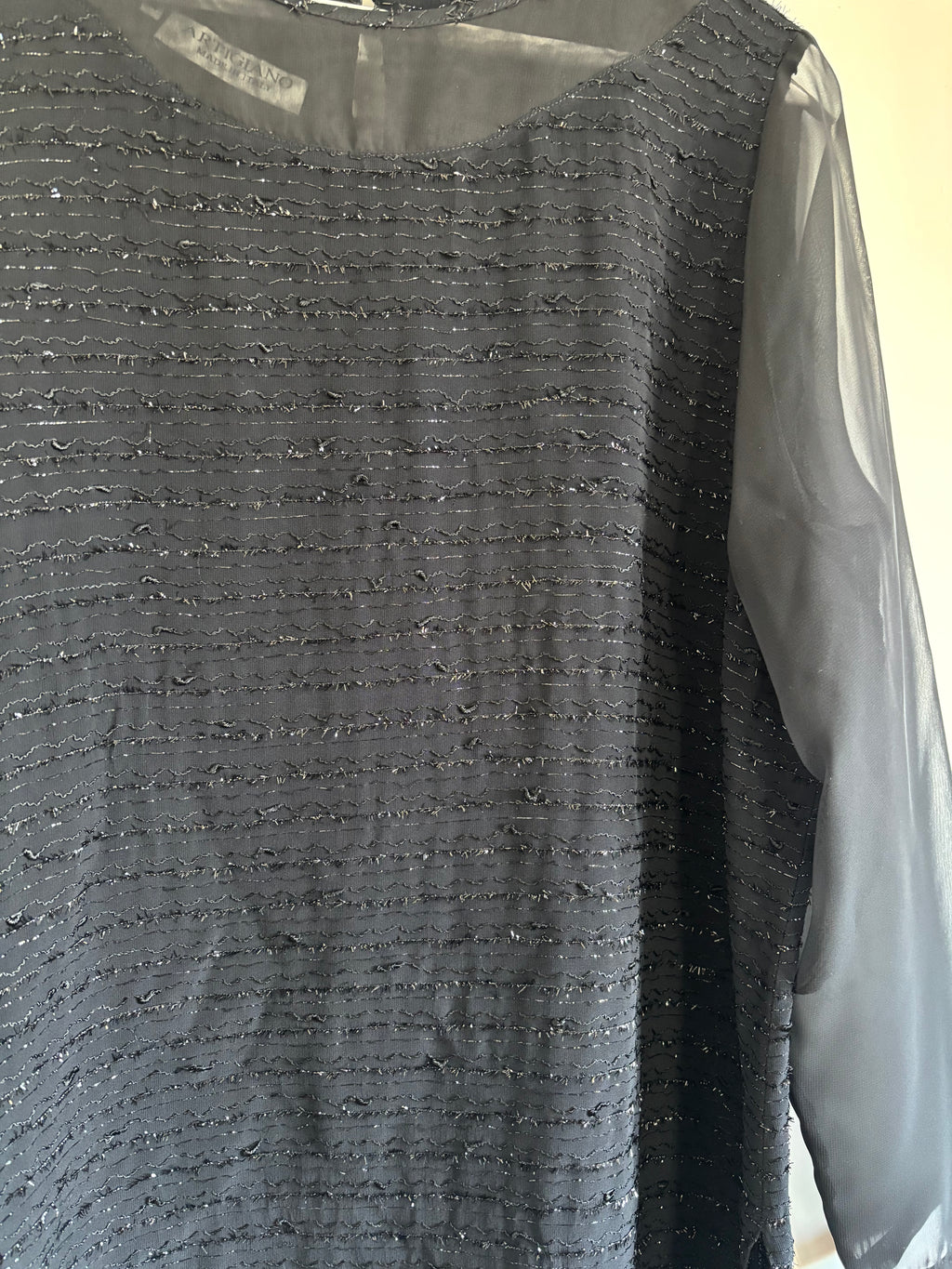 Artigiano Made in Italy Black Textured Sparkle Sheer Sleeve Top UK 14