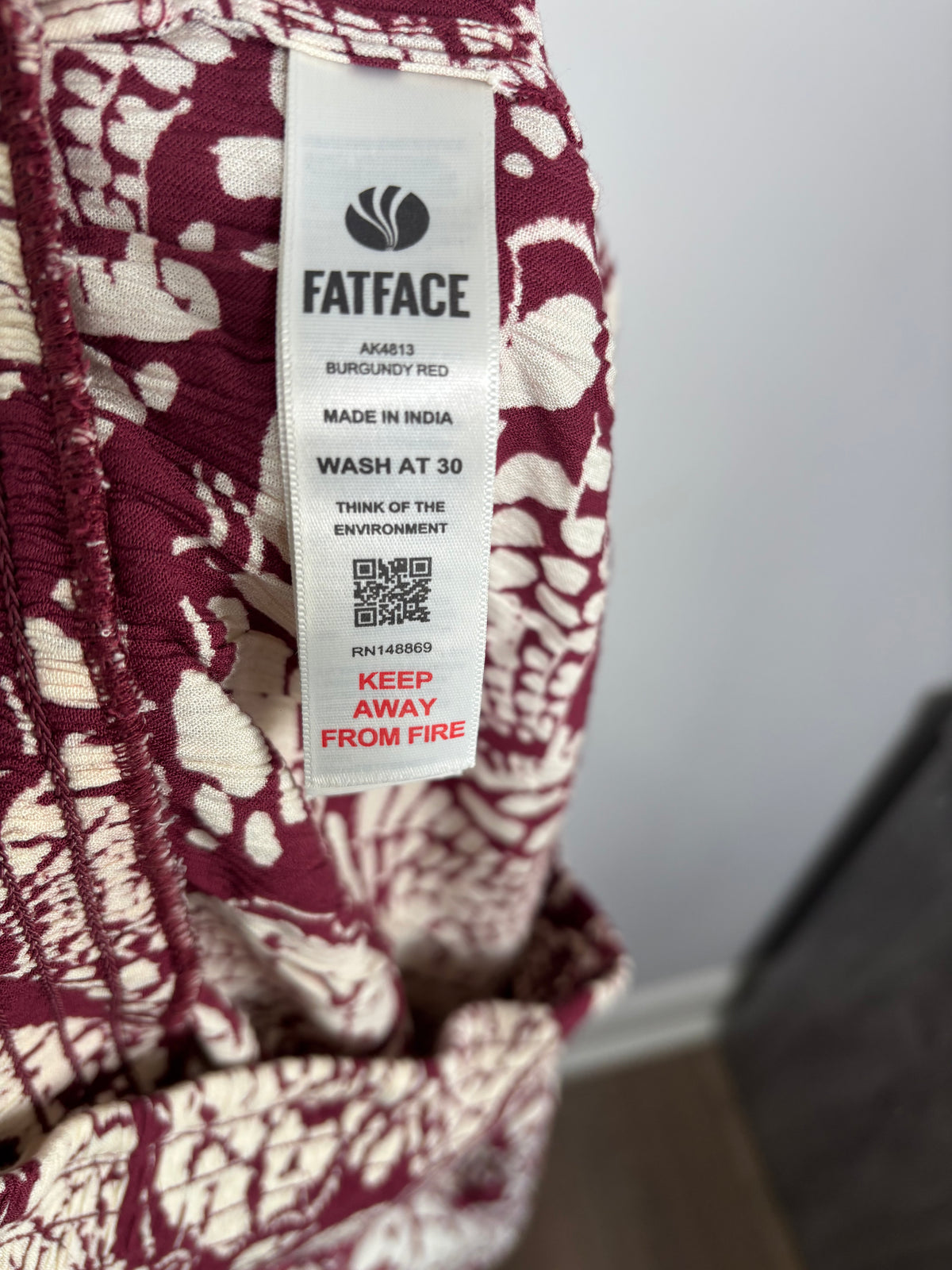 FatFace Burgundy Red & Cream Wide Leg Trousers Shirred Waist UK 12 Short