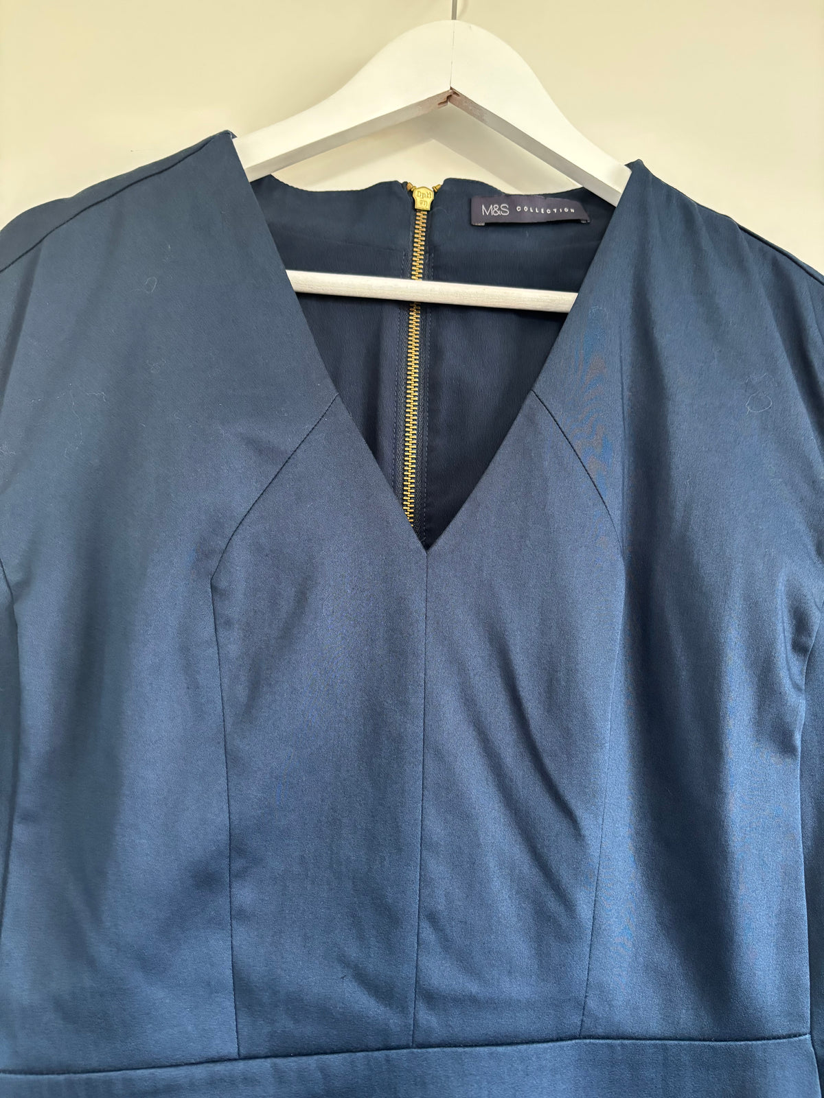 M&S Collection Navy Blue V-Neck Pencil Dress UK 18 Gold Zip