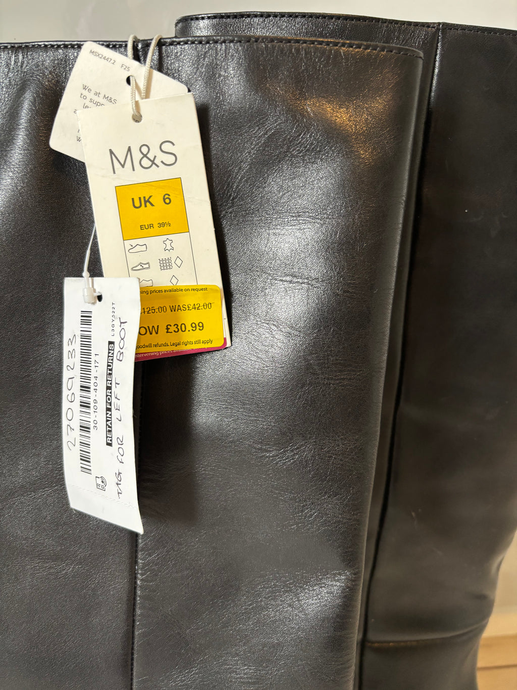 M&S Black Leather Long Boots UK 6