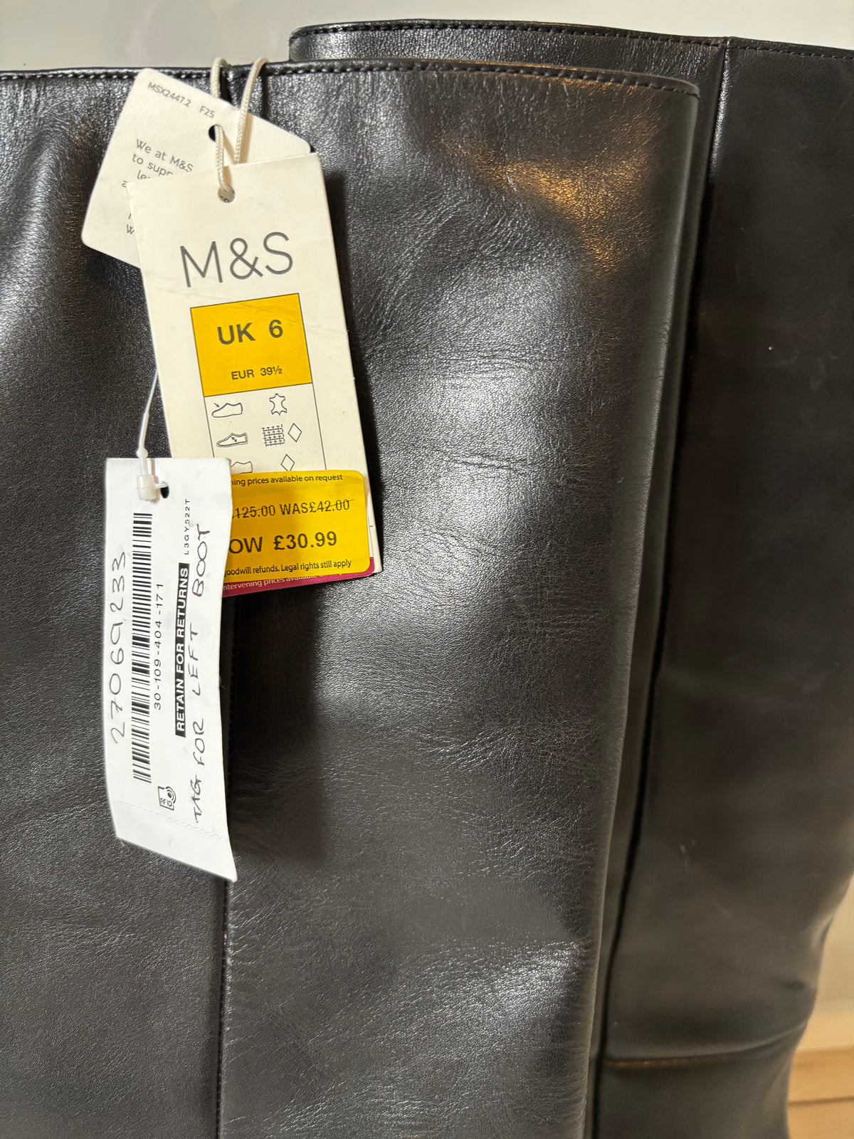M&S Black Leather Long Boots UK 6