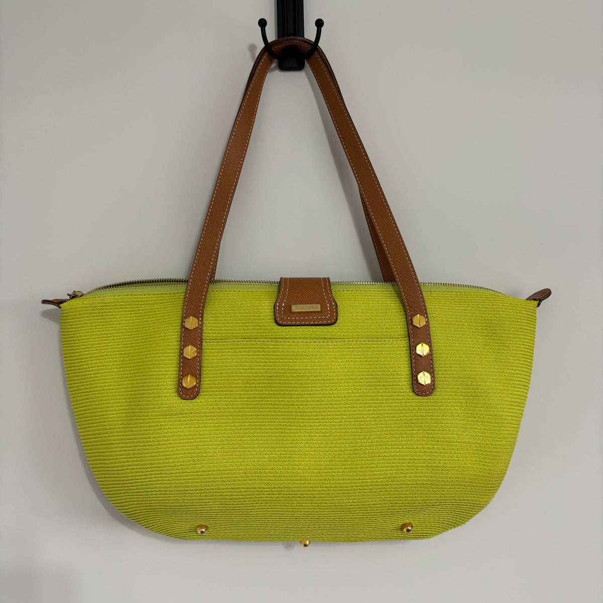 Eric Javits Lime Green Woven Tote Bag – Tan Leather & Gold Hardware