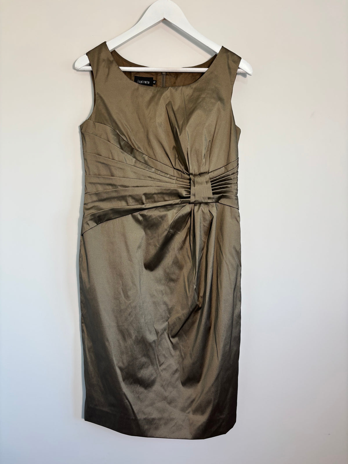 Ispirito Bronze Taupe Satin Occasion Dress UK 12 Ruched Pencil Cocktail
