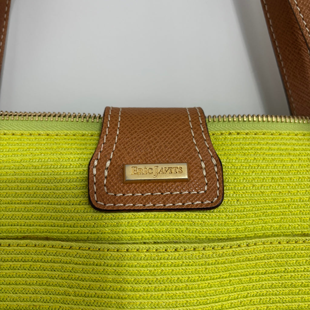 Eric Javits Lime Green Woven Tote Bag – Tan Leather & Gold Hardware
