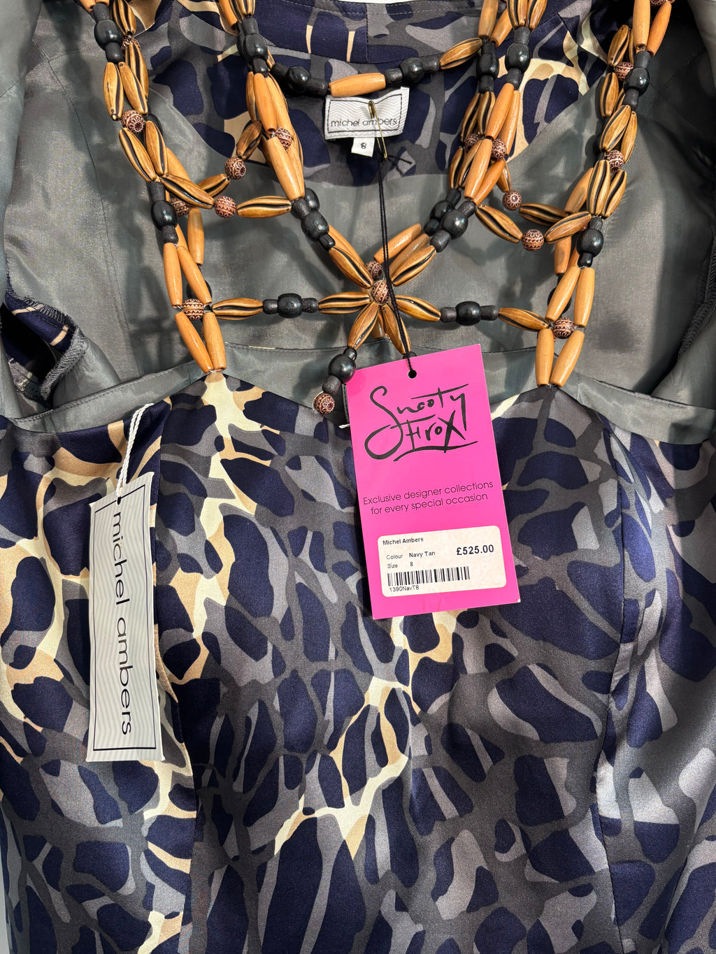 Michel Ambers 100% Silk Dress & Bolero Set Size 8 – Navy/Tan – BNWT RRP £525