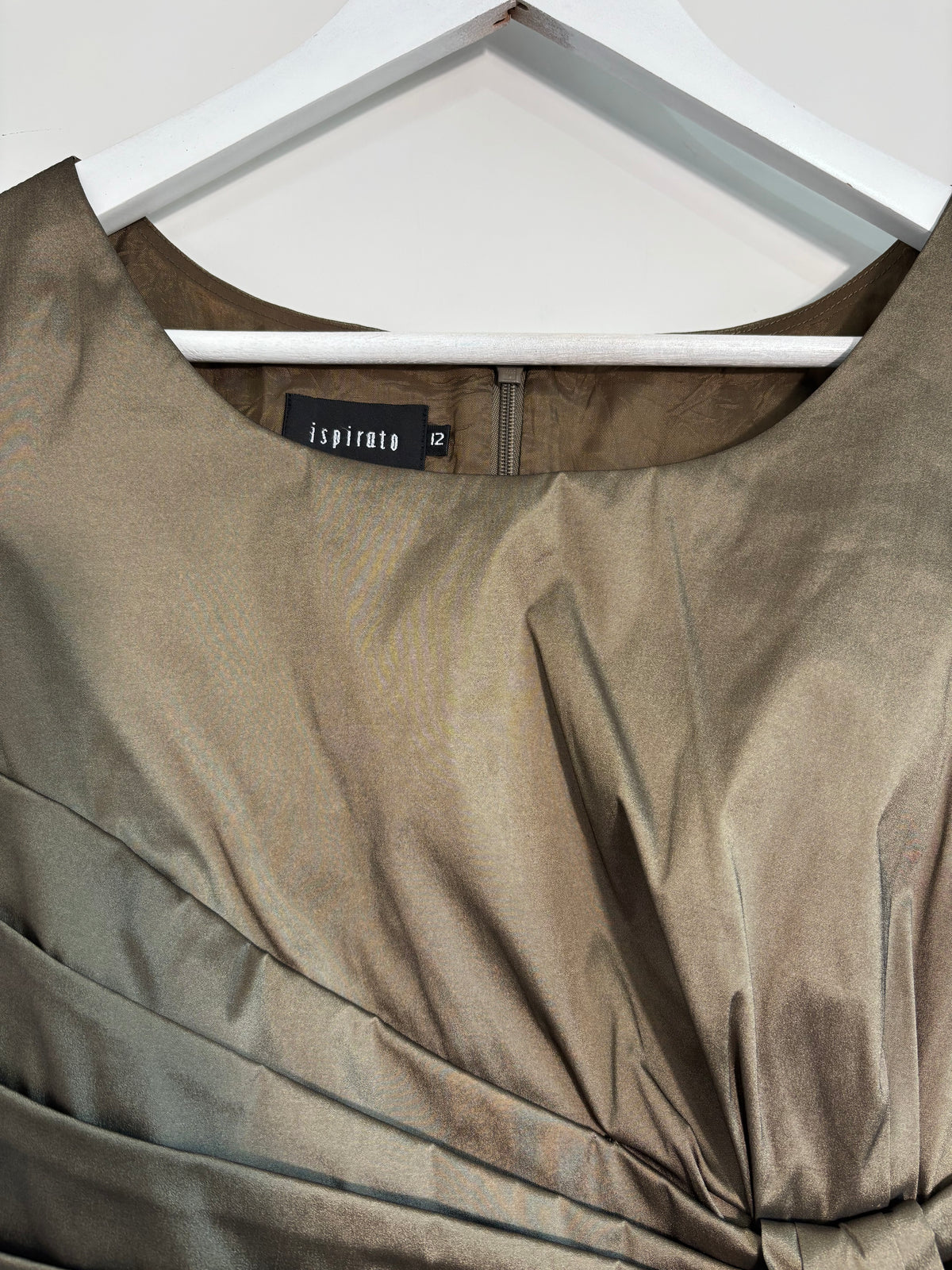 Ispirito Bronze Taupe Satin Occasion Dress UK 12 Ruched Pencil Cocktail