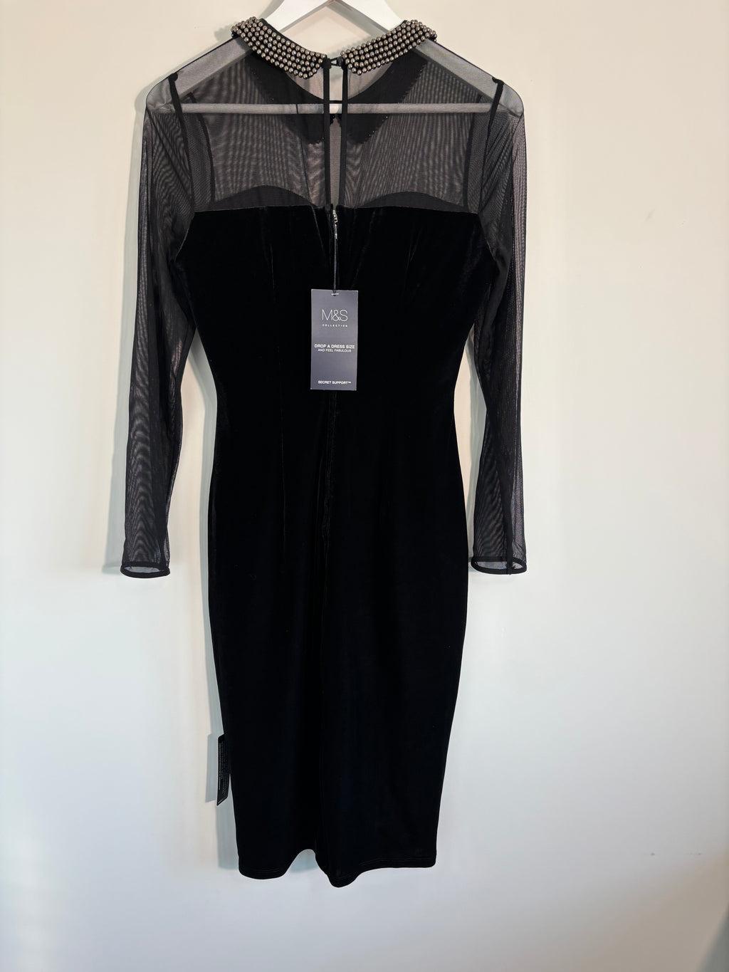 M&S Collection Black Velvet Mesh Studded Collar Dress Size 12 – BNWT