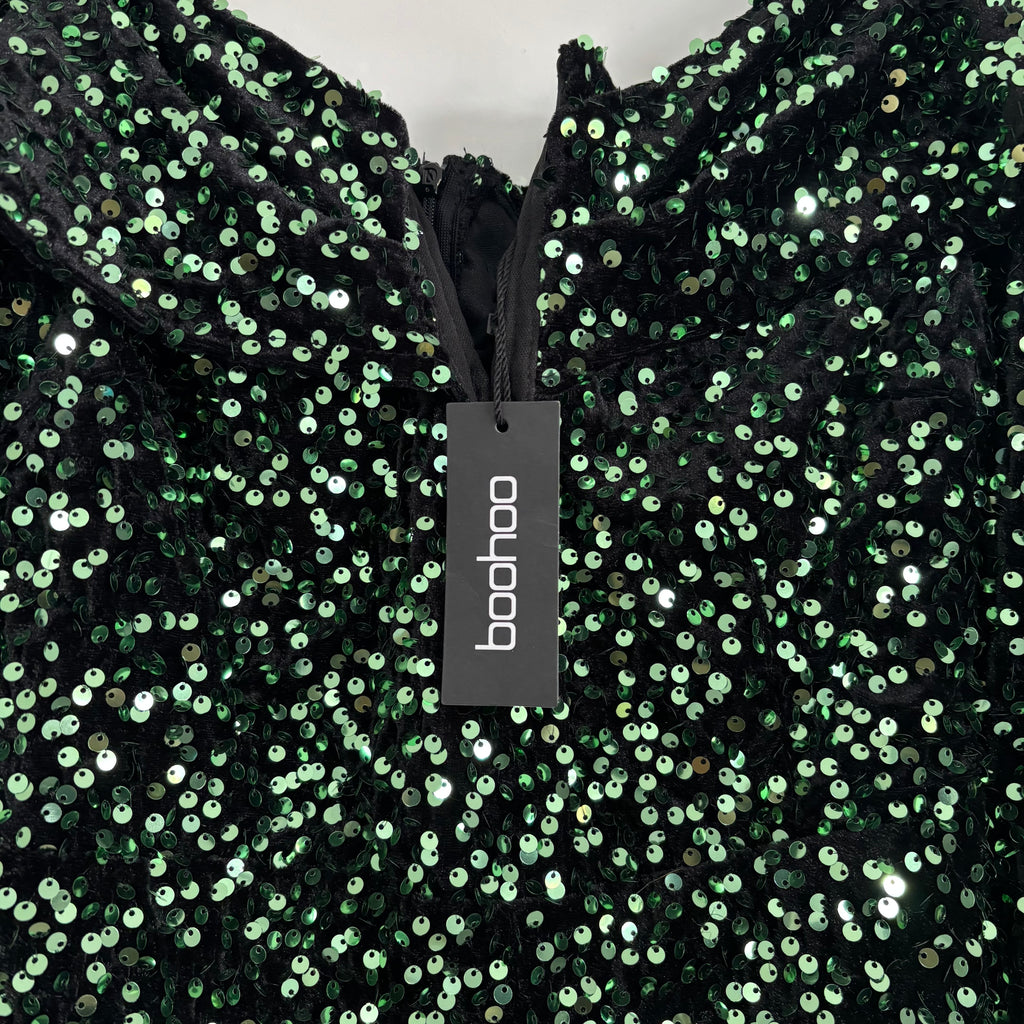Boohoo Green Sequin Bardot Plunge Playsuit UK 12