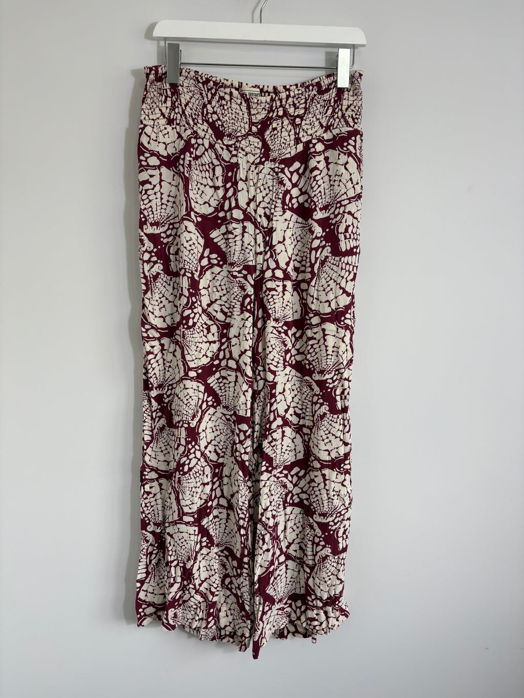 FatFace Burgundy Red & Cream Wide Leg Trousers Shirred Waist UK 12 Short