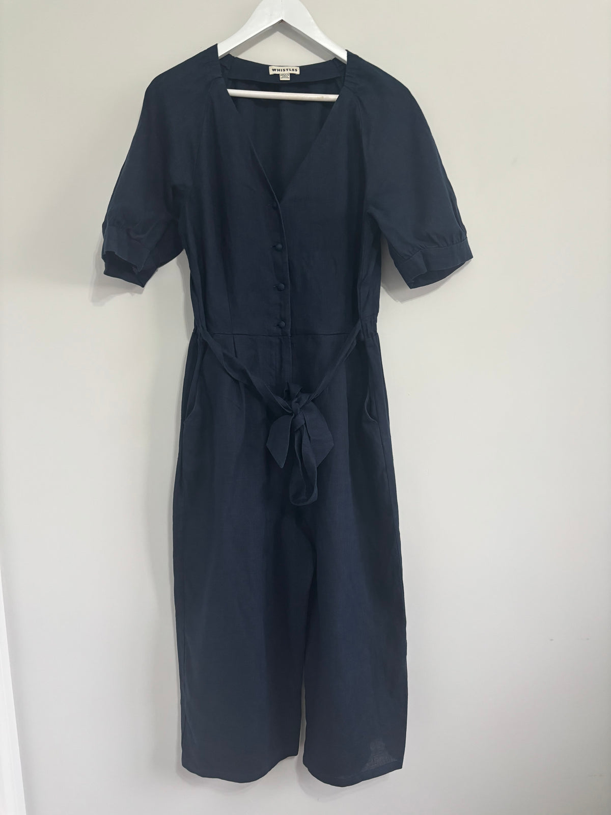 Whistles Navy Blue 100% Linen Belted Wide Leg Jumpsuit UK 16