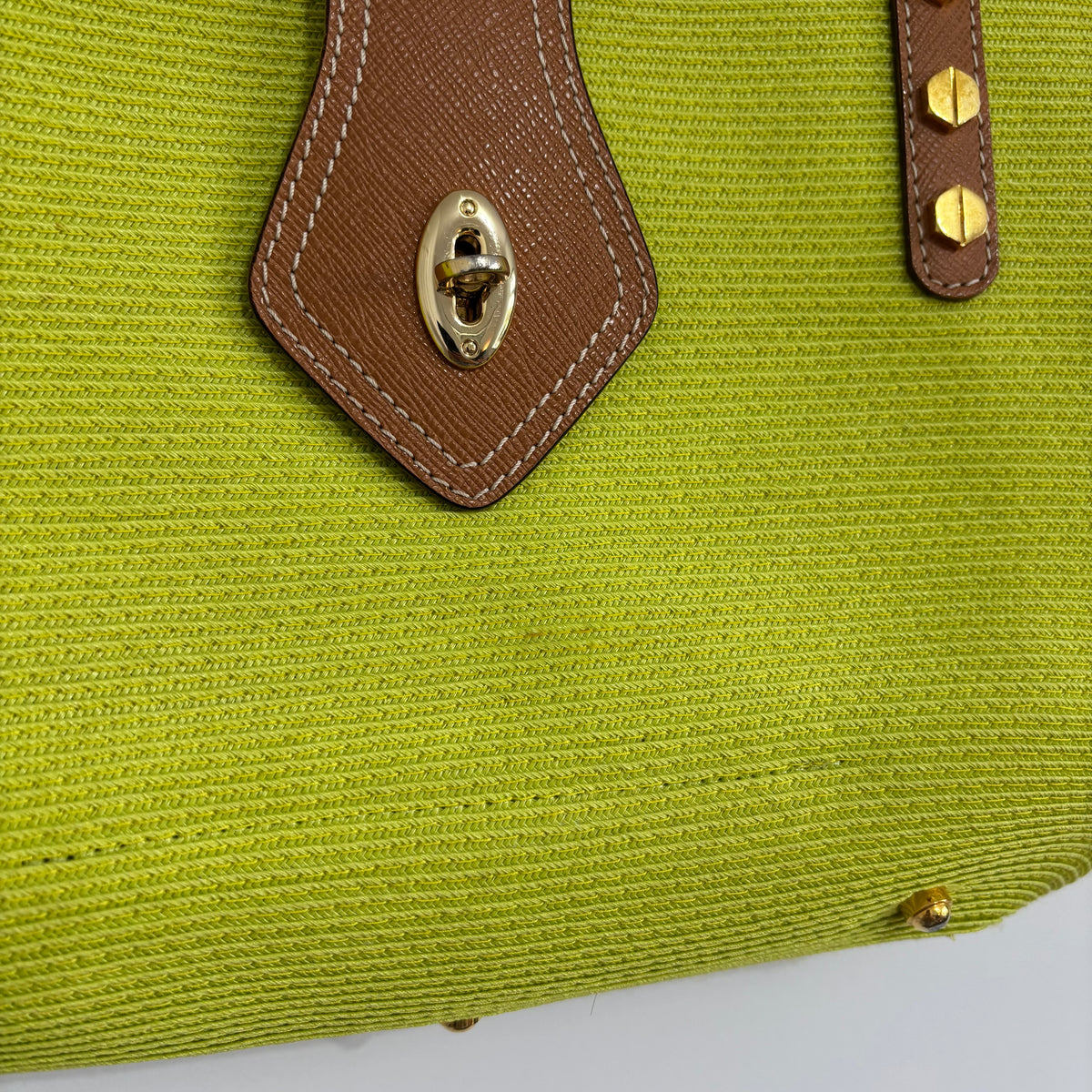 Eric Javits Lime Green Woven Tote Bag – Tan Leather & Gold Hardware