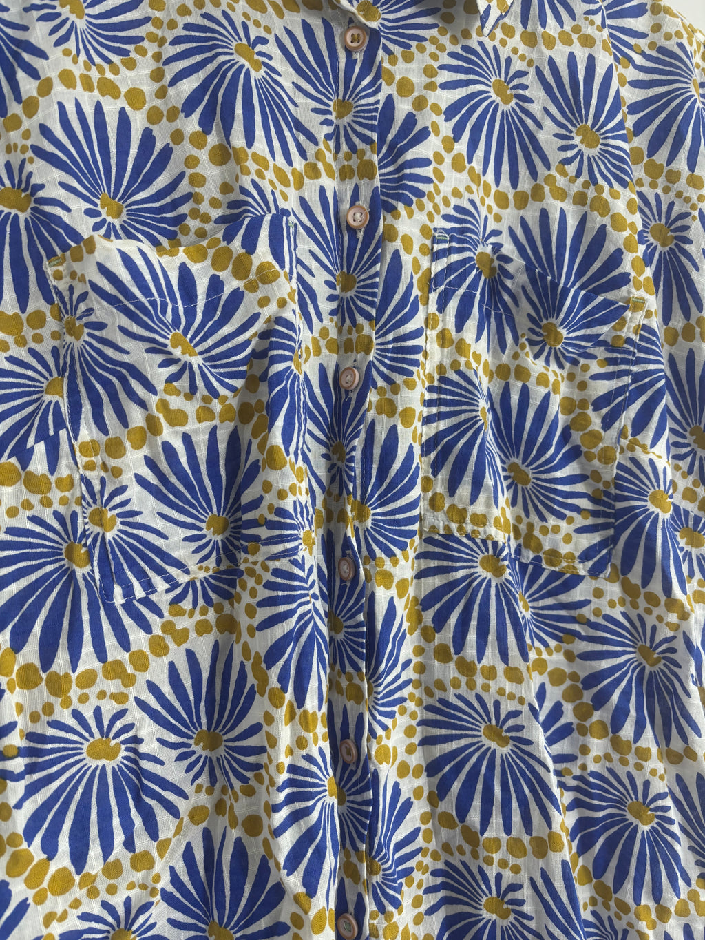 White Stuff Women’s Floral Print Organic Cotton Shirt – Blue & Mustard – UK 14