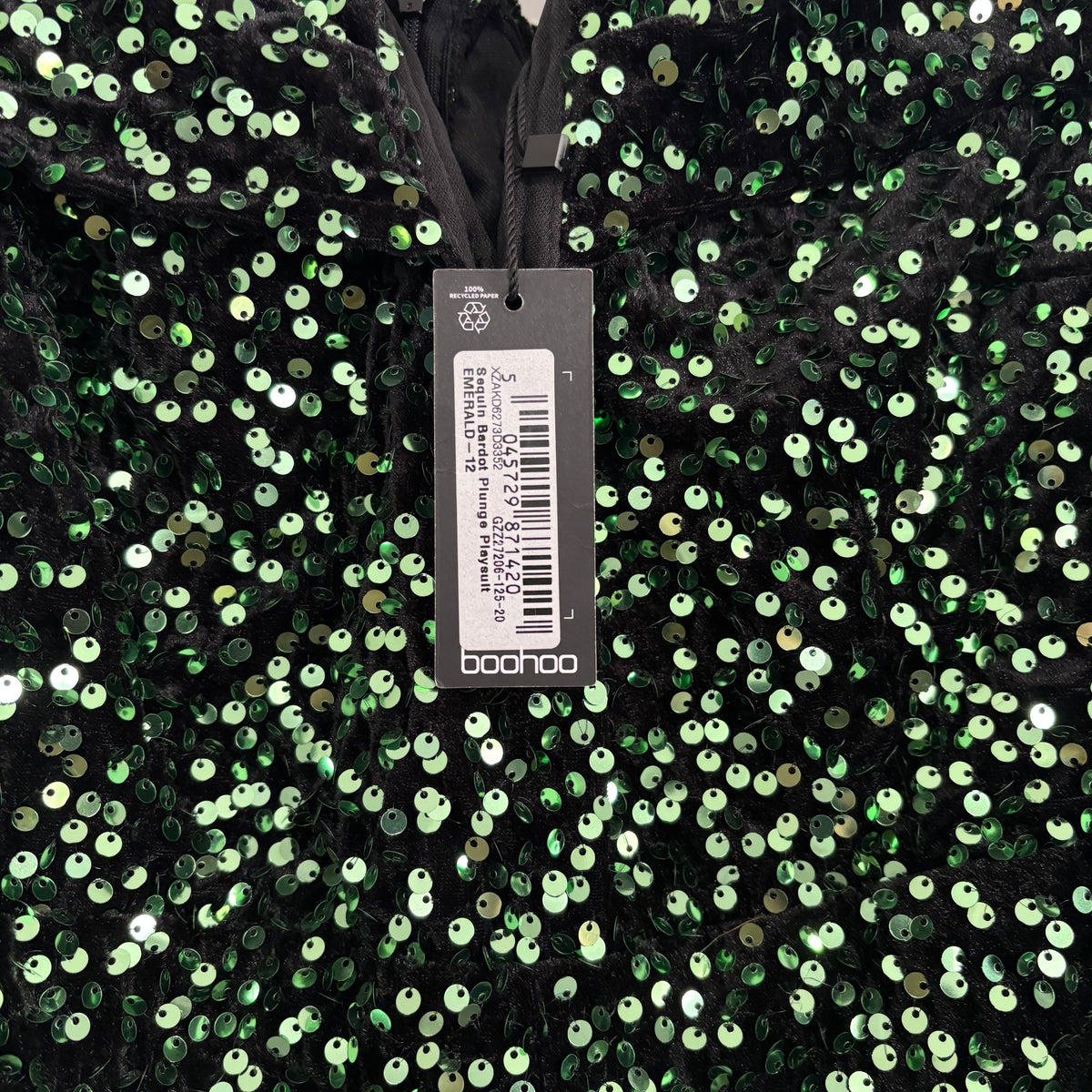 Boohoo Green Sequin Bardot Plunge Playsuit UK 12