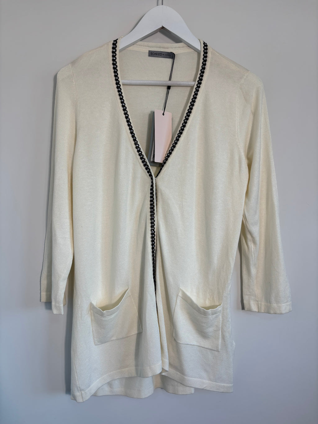 Soaked in Luxury Cream Long Cardigan Black Trim Pockets Size S BNWT