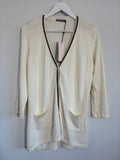 Soaked in Luxury Cream Long Cardigan Black Trim Pockets Size S BNWT