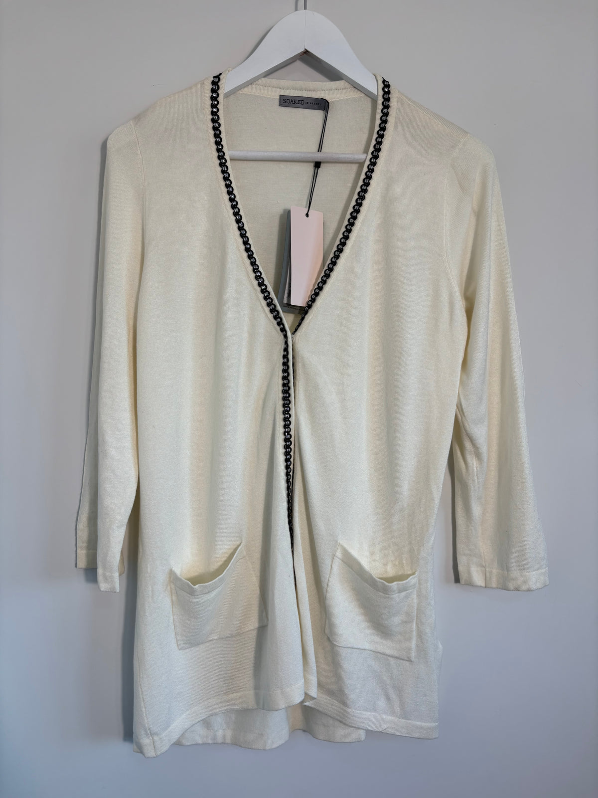 Soaked in Luxury Cream Long Cardigan Black Trim Pockets Size S BNWT