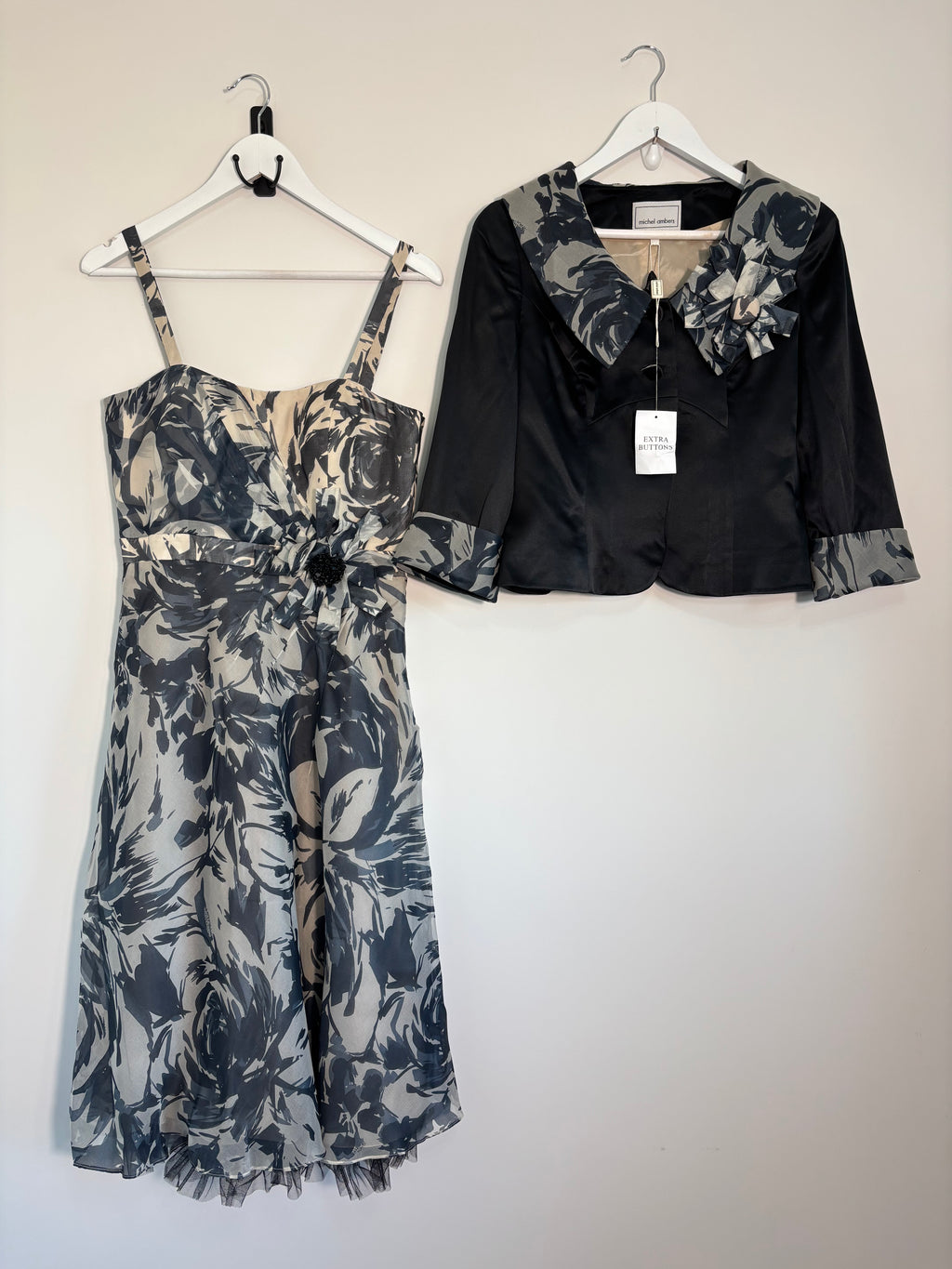 Michel Ambers 100% Silk Dress & Jacket Set UK 10 Floral Occasion BNWT
