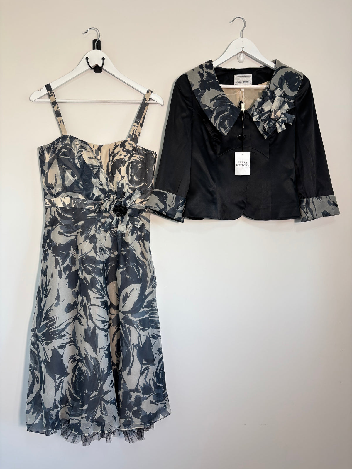 Michel Ambers 100% Silk Dress & Jacket Set UK 10 Floral Occasion BNWT