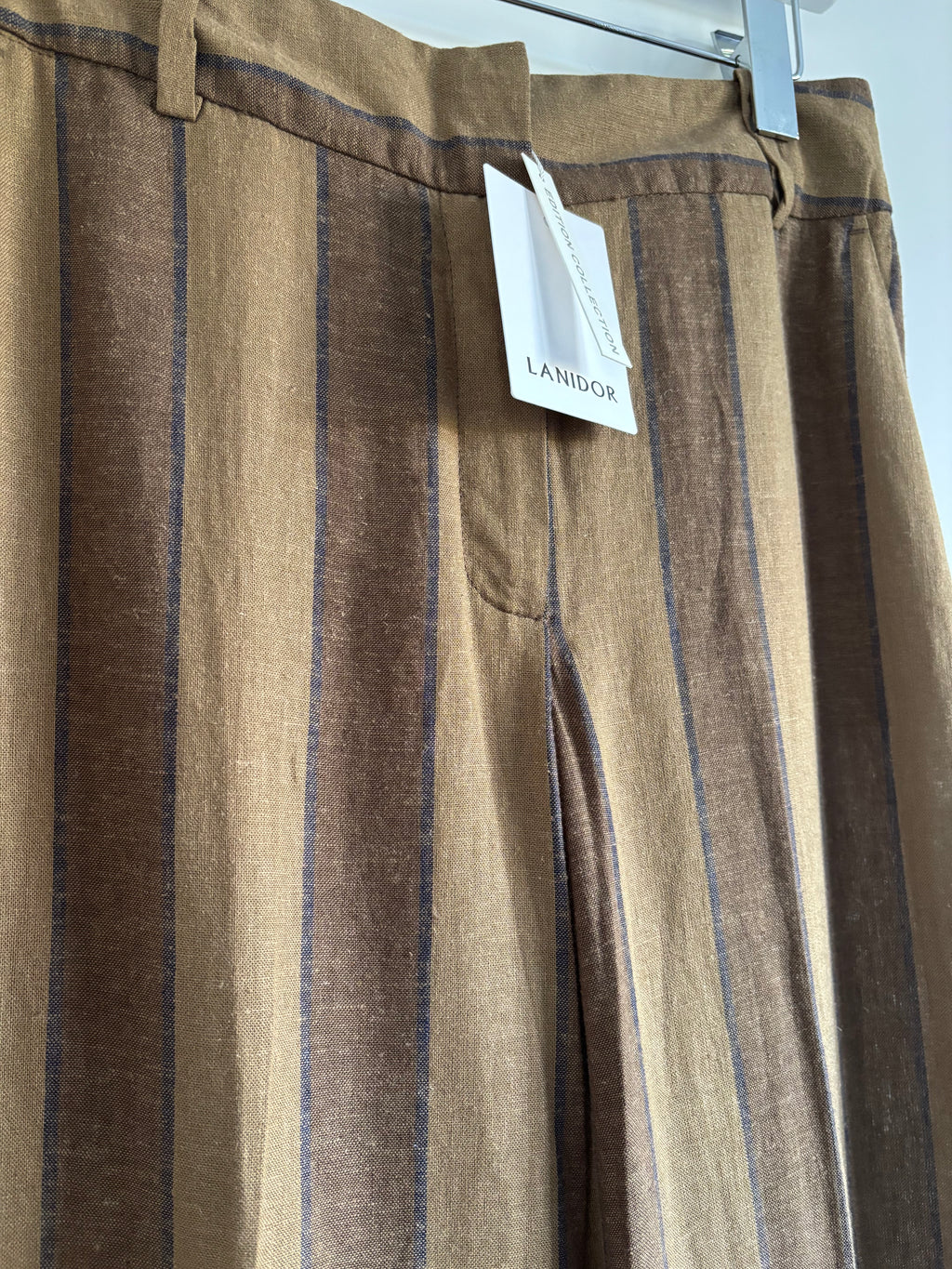 Lanidor Linen Blend Khaki & Brown Striped Wide Leg Trousers EU 36 UK Size 8