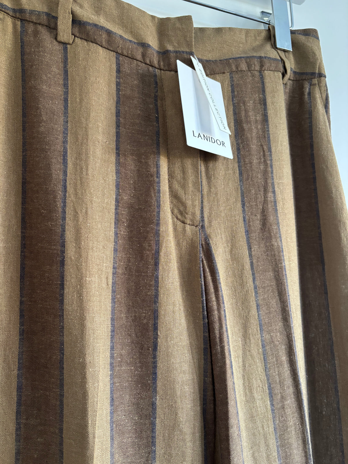 Lanidor Linen Blend Khaki & Brown Striped Wide Leg Trousers EU 36 UK Size 8