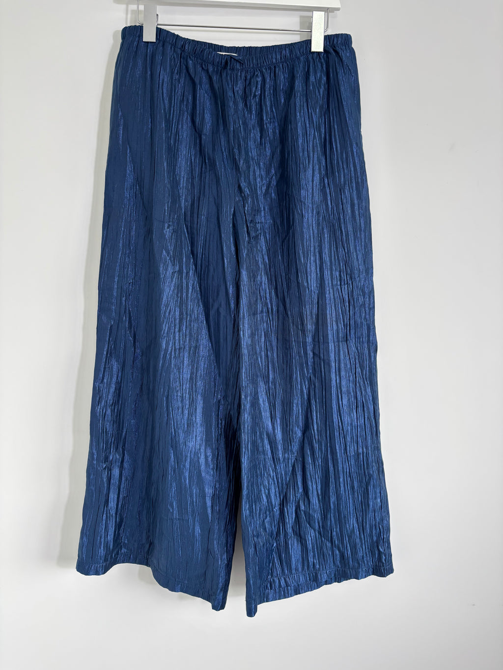 M&S Navy Blue Crinkle Wide Leg Trousers Elasticated Waist UK 14 Short