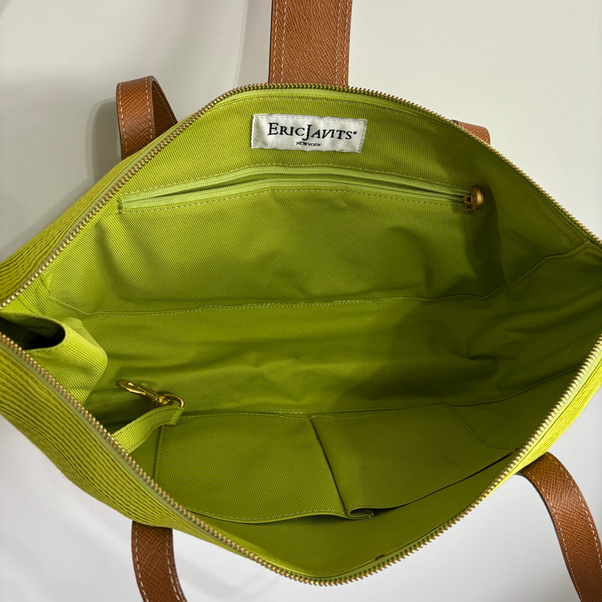 Eric Javits Lime Green Woven Tote Bag – Tan Leather & Gold Hardware