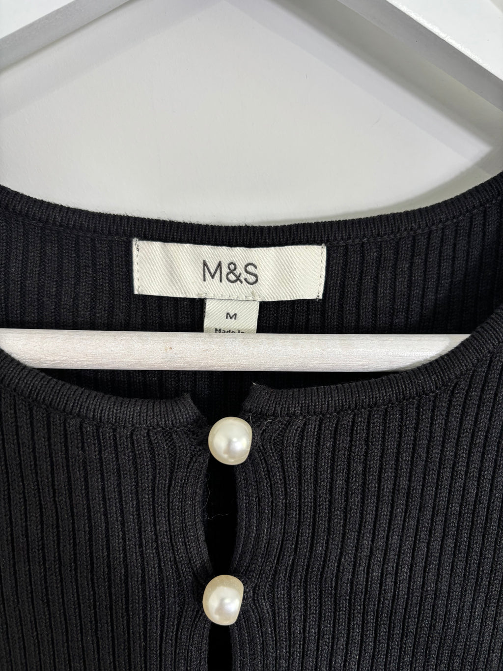 M&S Black Ribbed Knit Short Sleeve Cardigan Pearl Button Size Medium