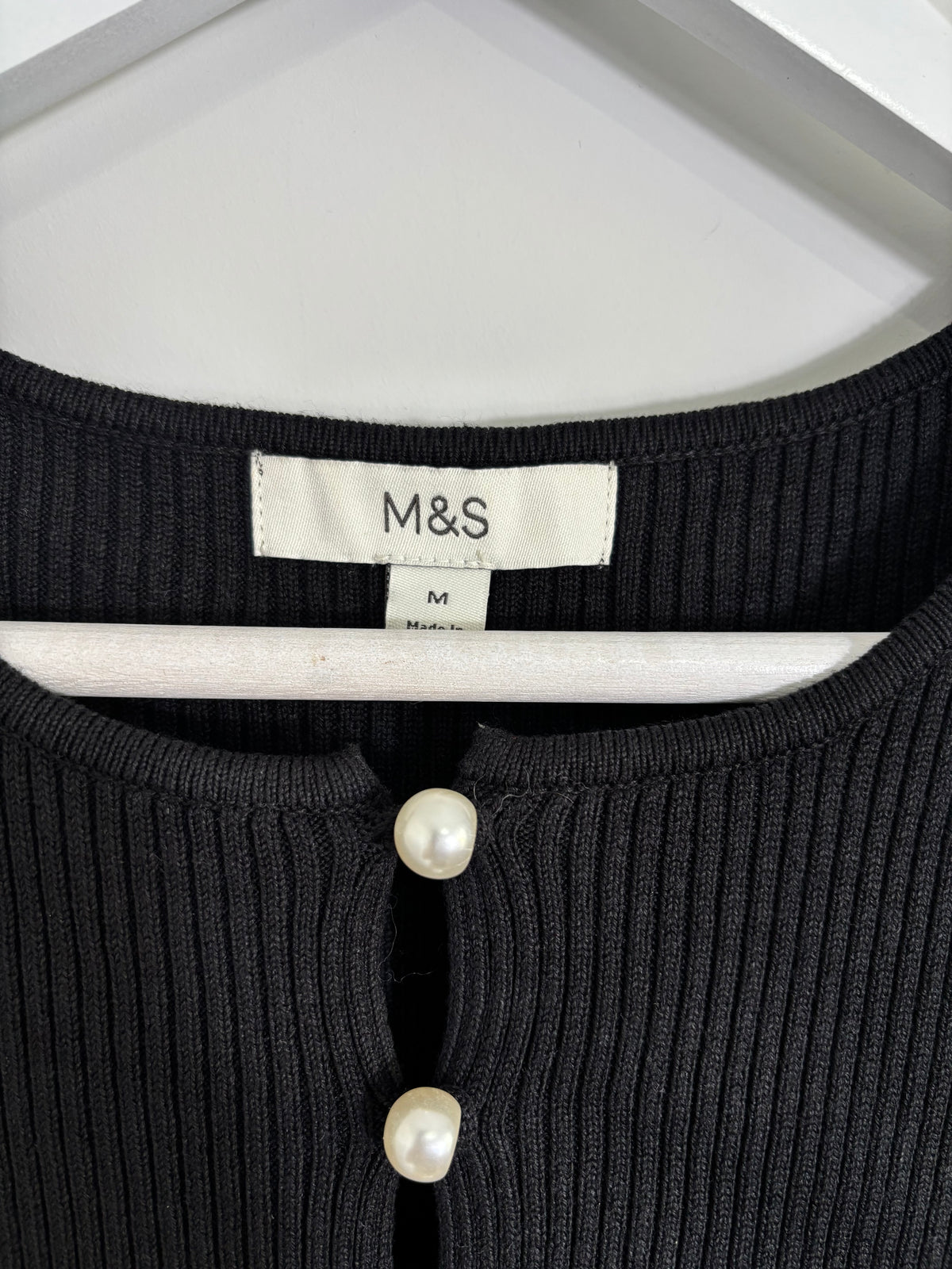 M&S Black Ribbed Knit Short Sleeve Cardigan Pearl Button Size Medium