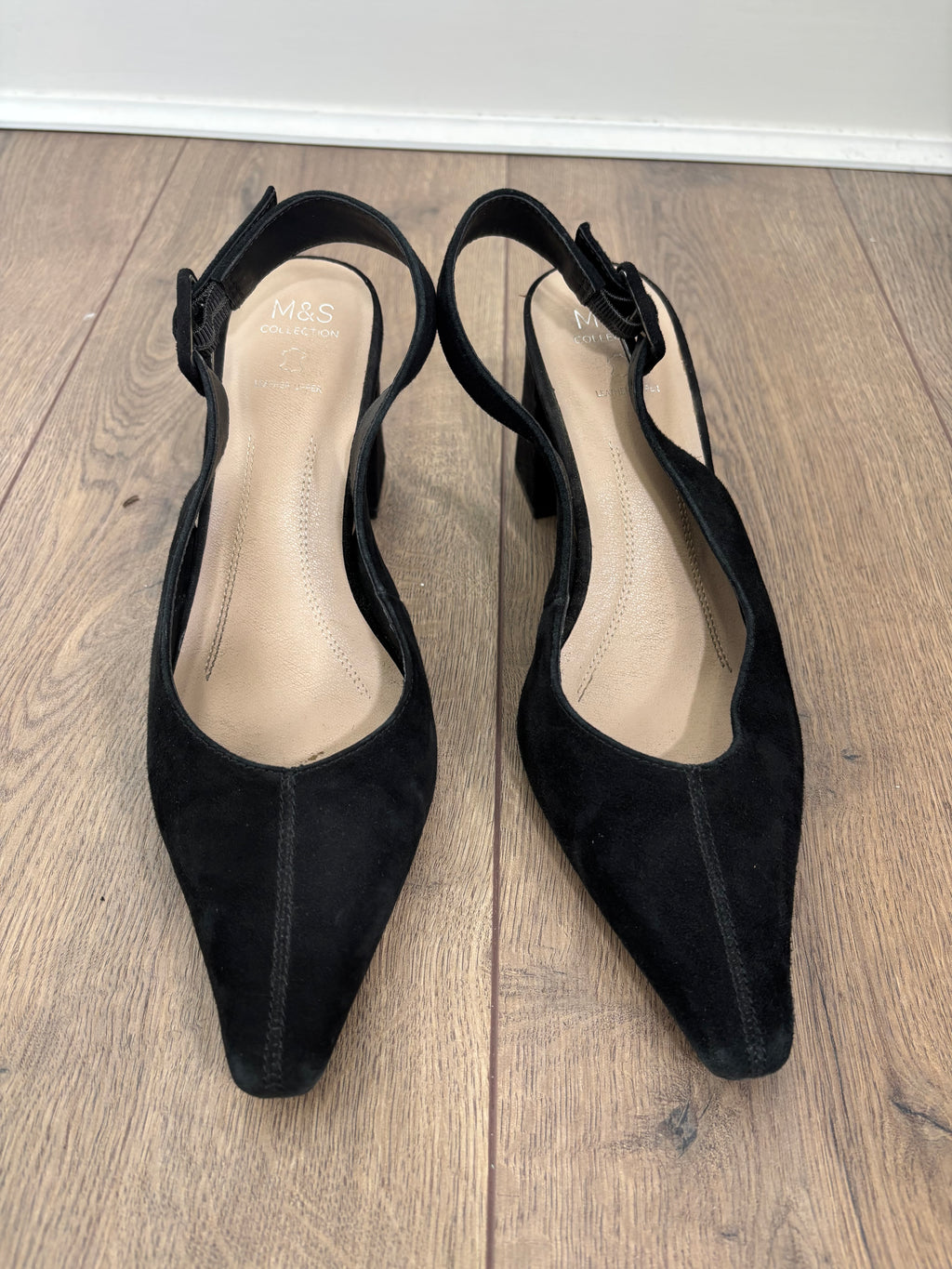 M&S Collection Black Suede Leather Slingback Block Heel Shoes UK 6