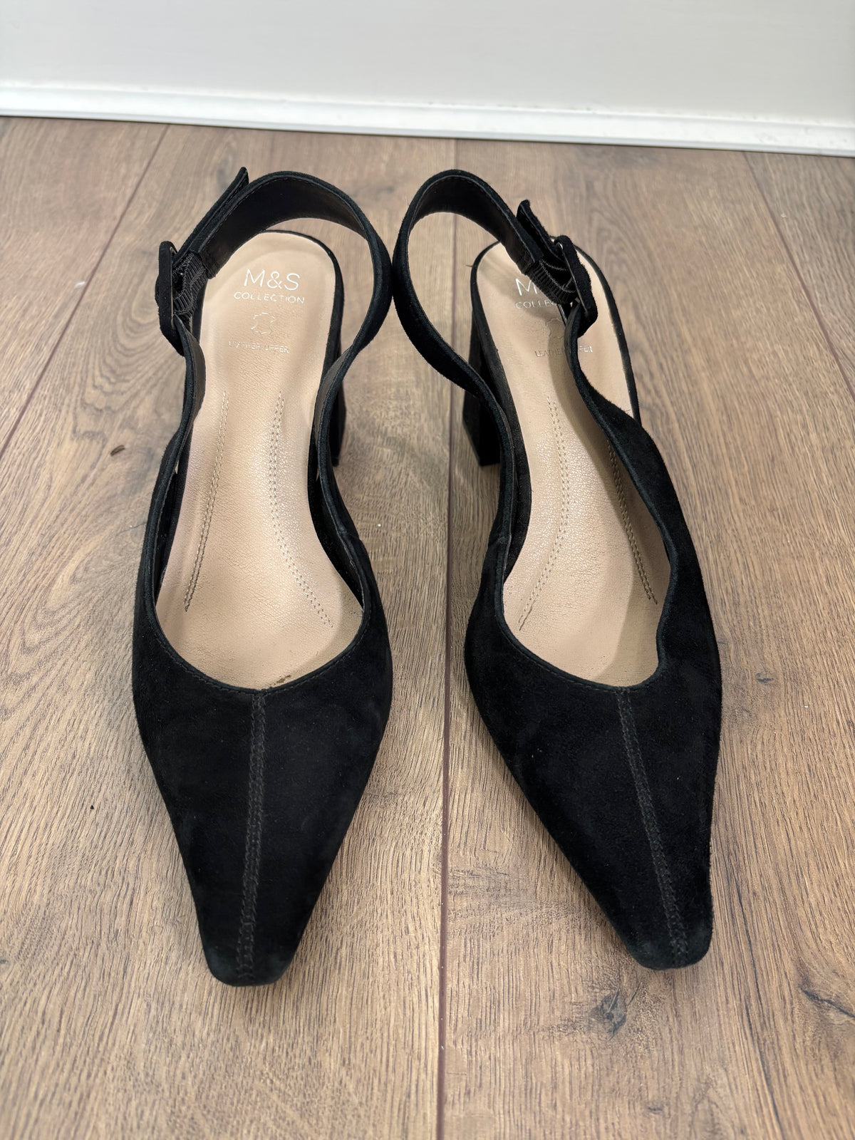 M&S Collection Black Suede Leather Slingback Block Heel Shoes UK 6
